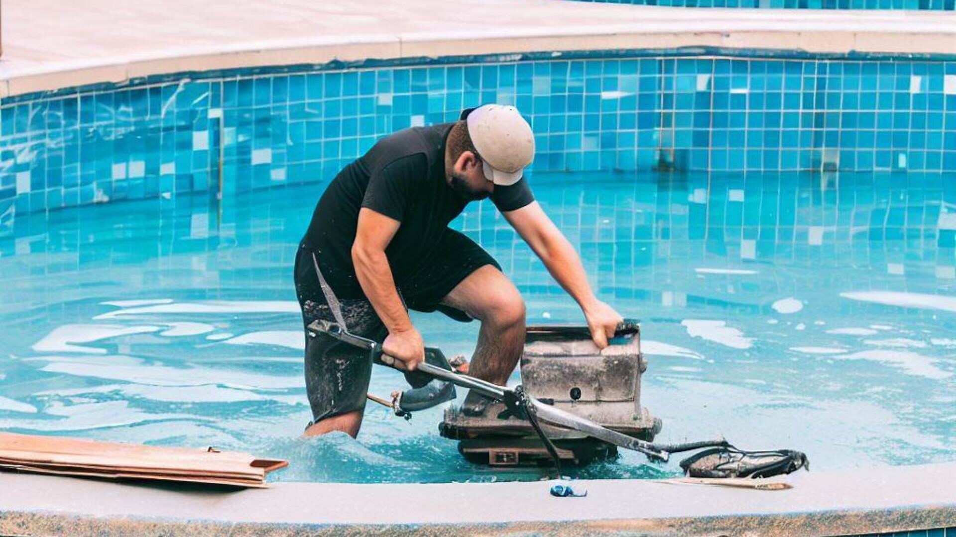 Uomo che ripara la piscina